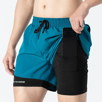 夏季男士运动短裤情侣假两件三分跑步训练健身内衬美式二合一短裤 湖兰色 4XL
