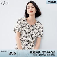 伊芙丽（eifini）伊芙丽系带圆领黑白花短款碎花衬衫女2024夏装气质通勤小上衣 黑色 170/92A/XL