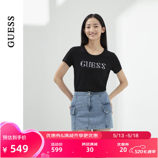 GUESS24年夏季女士镶钻简约纯色经典logo短袖T恤-YO2K2431 BLK-黑色 S