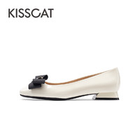 KISSCAT 接吻猫 春季新款甜美平底鞋钢琴蝴蝶结方头单鞋女