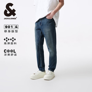 杰克·琼斯（JACK&JONES）夏季修身凉感高弹中蓝牛仔水洗猫须设计九分裤牛仔裤男224232005 E39 中蓝牛仔 常规 170/76A/SR