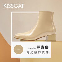 KISSCAT 接吻猫 短靴女秋冬新款简约通勤时尚气质优雅方头真皮中粗跟时装靴