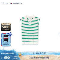 TOMMY HILFIGER24春夏童装女V字POLO领绞花条纹无袖针织衫TH2422715 绿白条纹658 6/120cm