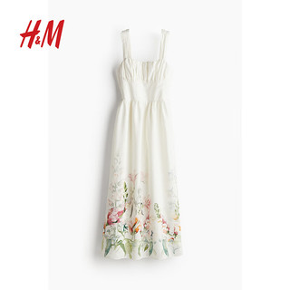 H&M女装裙子2024夏季休闲时尚潮流印花亚麻混纺连衣裙1231235 白色/花卉 155/80