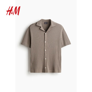 H&M男装衬衫2024夏季标准版型通勤罗纹针织古巴领衬衫1064020 深米灰色 2XL