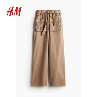 H&M女装裤装2024夏季休闲版型配腰带工装裤1236546 深米色 155/60