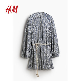 H&M女装裙子2024夏季潮流时尚设计感结腰带连衣裙1229587 蓝色/图案 170/116 XL