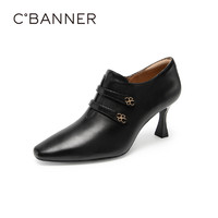 C.BANNER 千百度 粗跟单鞋女2023新款秋季时装踝靴羊皮高跟鞋