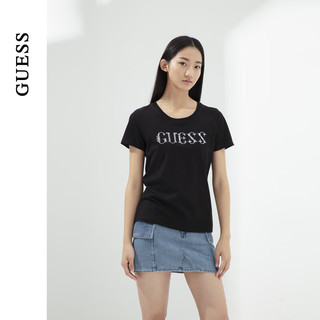 GUESS24年夏季女士镶钻简约纯色经典logo短袖T恤-YO2K2431 BLK-黑色 XS