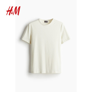 H&M男装T恤2024夏季修身舒适罗纹直筒重磅圆领短袖上衣1229215 奶油色 175/100 M