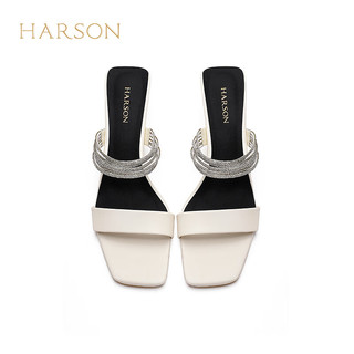 哈森2024凉拖鞋女士外穿方头细跟时尚高级感宴会半拖鞋HWM240181 米白色 34