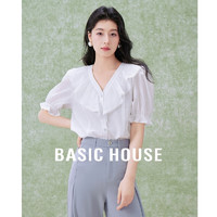 百家好（Basic House）醋纤白色衬衫v领小衫短袖上衣B0624B5F012 白色 S