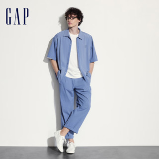 Gap 盖璞 男装2024夏季轻薄logo短袖衬衫简约纯色百搭上衣 464288 蓝色 XL