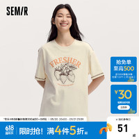 森马（Semir）短袖T恤女中长款明线上衣2024夏时尚宽松印花套头衫小众 米白10301 155/80A/S