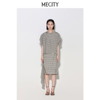 MECITY 女士夏季新款设计感斜门襟格纹宽松短袖衬衫526823