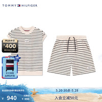 TOMMY HILFIGER【两件套】 24春夏童装女纯棉竹节纱条纹运动背心短裤22733 白黑条纹214 S/140cm