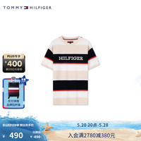 TOMMY HILFIGER24春夏童装男珠地肌理刺绣撞色条纹短袖T恤TH2422671 米白黑条纹214 L/160cm