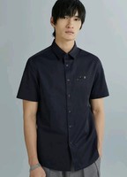 GXG 男装21年夏季黑色刺绣尖领短袖衬衫男士衬衣 藏青色 170/M