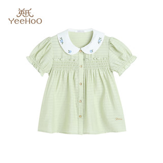 英氏（YEEHOO）女童衬衫儿童衬衣中大童装泡泡袖上衣时尚淑女洋气夏装 绿色 160