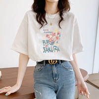 诗莉奥（SHILIAO）夏季女装纯棉短袖T恤女白色内搭韩版宽松半袖上衣ins潮 纯棉涂鸦花朵 XL（115-130斤）