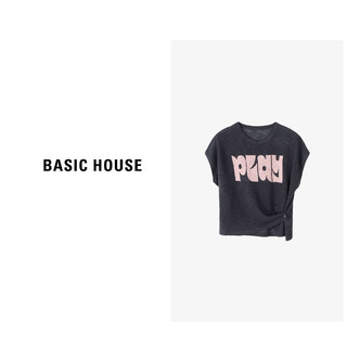 Basic House/百家好夏季透气薄款撞色印花短袖针织衫女士夏季2024 灰色 M90-110斤