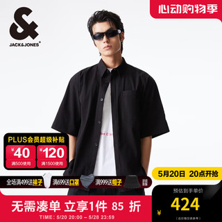 杰克·琼斯（JACK&JONES）夏季款男士衬衣翻领百搭纽扣刺绣宽松版上衣七分袖衬衫224204050 黑色E40 常规 黑色E40 180/100A/L