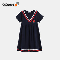 QQ duck 可可鸭 童装儿童裙子女童连衣裙夏短袖海军风青少年衣服小鸭藏蓝；155