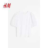 H&M HM女装2024夏季新款圆领休闲泡泡袖镂空刺绣衣袖上衣1223275