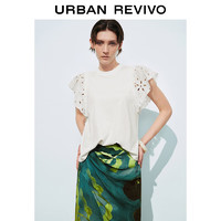URBAN REVIVO 女士设计感拼接镂空刺绣小飞袖T恤 UWH440072 本白 XL