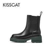 KISSCAT 接吻猫 靴子冬季新款中筒靴简约中性烟筒靴方头厚底显高切尔西靴女