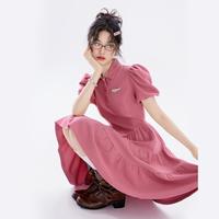 polo连衣裙女夏季学院风减龄泡泡袖纯色a字蛋糕裙女