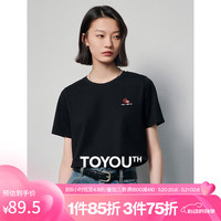 初语水果图案刺绣圆领短袖t恤女2024夏季抗菌冰瓷棉百搭上衣 黑色 S