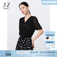 Juzui 玖姿 ·安娜蔻clean fit飘带领压褶短袖轻薄雪纺上衣女2024夏季 素黑 2XL