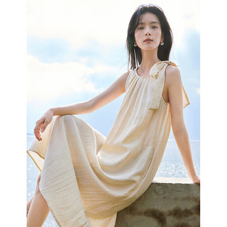 茵曼（INMAN）清麻系列亚麻法式挂脖连衣裙2024夏季女装新款无袖镂空裙子