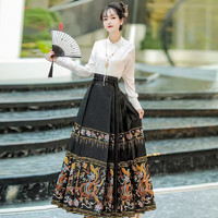汉虞葵 中式马面裙套装  白色对襟上衣+黑色印花马面裙