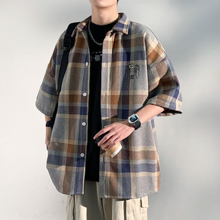 Foss Phil短袖衬衫男士夏季宽松格子衬衣休闲外套男装CY53灰蓝XL XL（130-150斤）