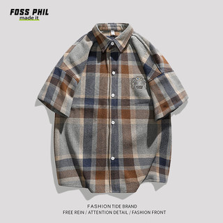 Foss Phil短袖衬衫男士夏季宽松格子衬衣休闲外套男装CY53灰蓝XL XL（130-150斤）