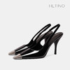 H.L.TINO 2024新款朴彩英高跟鞋黑色漆皮细跟金属方头单鞋子后空包头凉鞋女