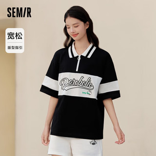 森马（Semir）POLO衫女中长款拼色字母学院风衣服夏宽松套头衫女生101323115007 黑色调00399 XL