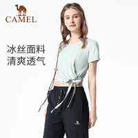 88VIP：CAMEL 骆驼 瑜伽服女上衣运动服短袖夏季冰丝绑带跑步衣服紧身健身衣T恤