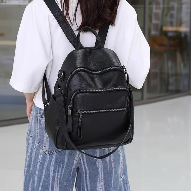 KOFTA品牌头层牛皮软皮简约百搭大容量双肩包女式真皮休闲背包生日礼物 黑色