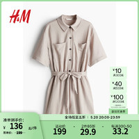 H&M女装连体衣裤2024夏季新款纹理感宽松五分袖连身短裤1236278
