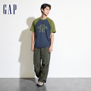 Gap 盖璞 男士撞色插肩袖logo圆领短袖T恤 463174 黑灰色 XL