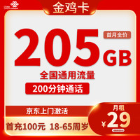 UNICOM 中国联通 金鸡卡 20年29元月租（205G通用流量+200分钟通话）