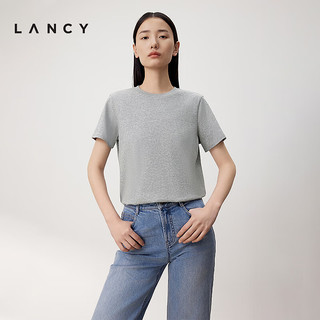 朗姿/LANCY2024夏季灰色圆领亮粉短袖t恤宽松正肩百搭上衣女 中灰色 3XL