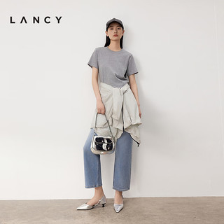 朗姿/LANCY2024夏季灰色圆领亮粉短袖t恤宽松正肩百搭上衣女 中灰色 L