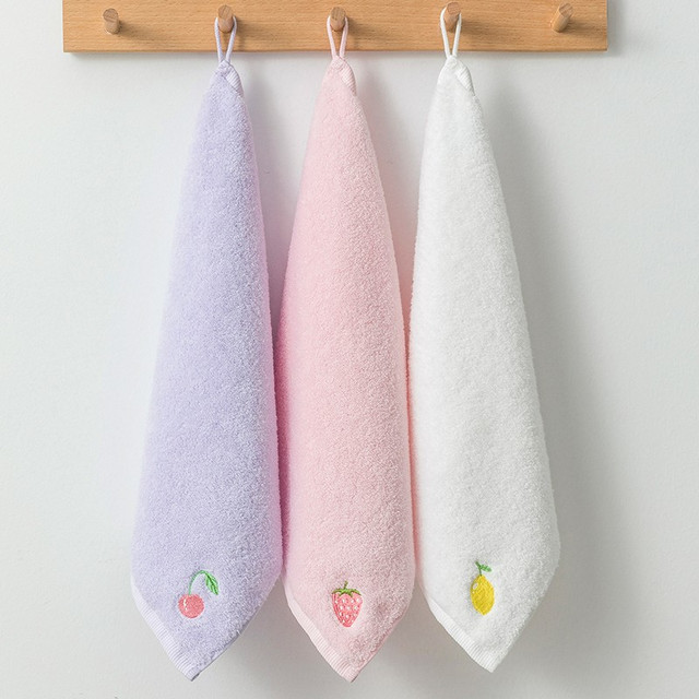 雪仑尔 毛巾家纺 A类纯棉儿童小毛巾 柔软吸水洗脸方巾3条装 白/粉/紫 33*33cm 水果系列：白色+粉色+浅紫色