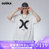 GUUKA 古由卡 潮牌多色休闲短袖T恤男夏潮 美式重磅纯棉上衣宽松易穿搭 白色F7981 L