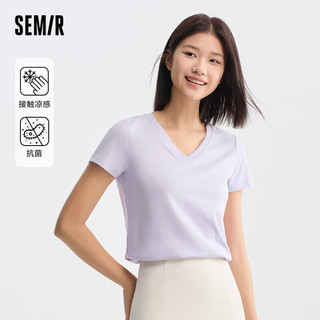 森马（Semir）短袖T恤女修身V领正肩简约2024抗菌夏装纯色109324100018 粉紫A70719