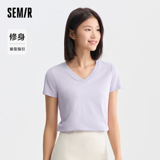 森马（Semir）短袖T恤女修身V领正肩简约2024抗菌夏装纯色109324100018 粉紫A70719 L